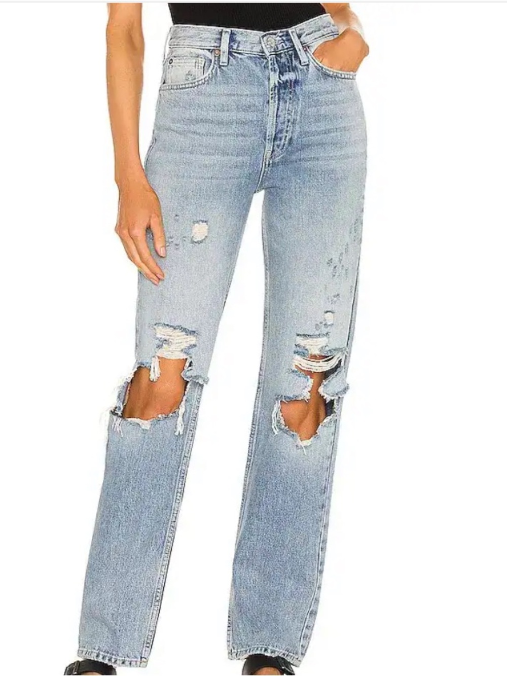 We The Free /Free People Distressed High Rise Wide Leg Jeans - Light Blue